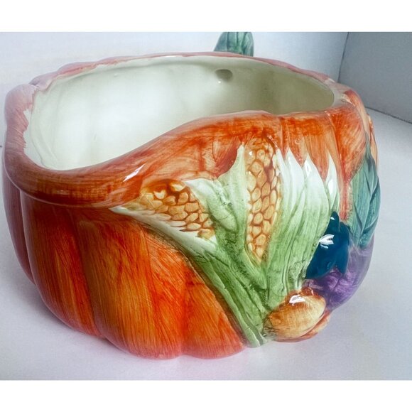 Ceramic Harvest-Themed Gravy Boat With Handle & Matching Spoon Hand-Painted - Picture 12 of 14